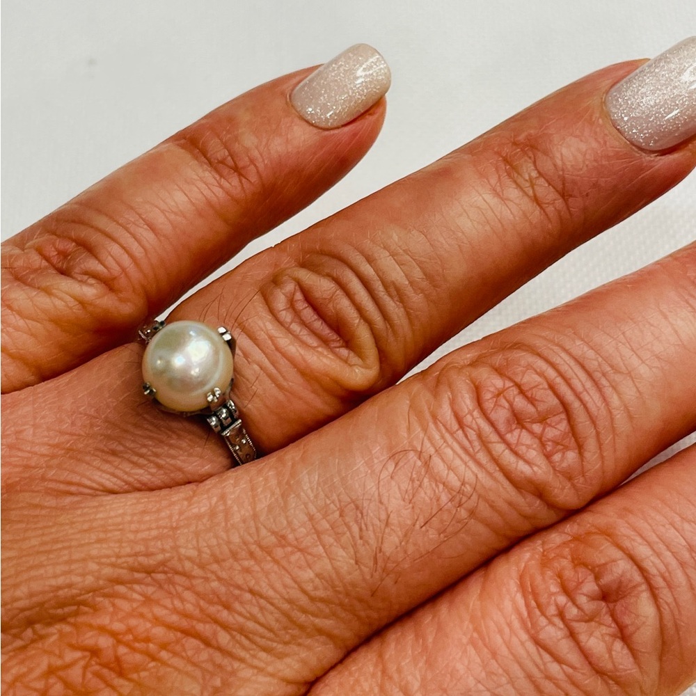 ANTIQUE ART DECO 14K WHITE GOLD NATURAL CULTURED PEARL RING